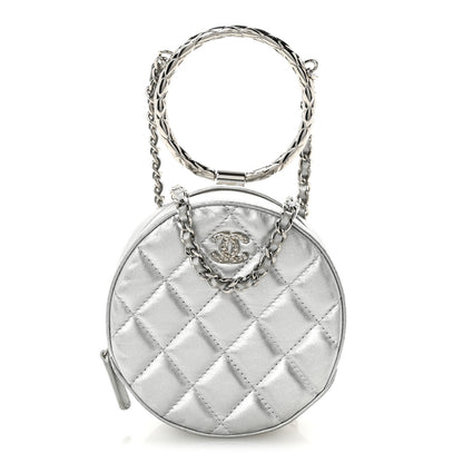 Metallic Calfskin Quilted Round Bracelet Clutch With Chain Silver