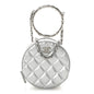 Metallic Calfskin Quilted Round Bracelet Clutch With Chain Silver
