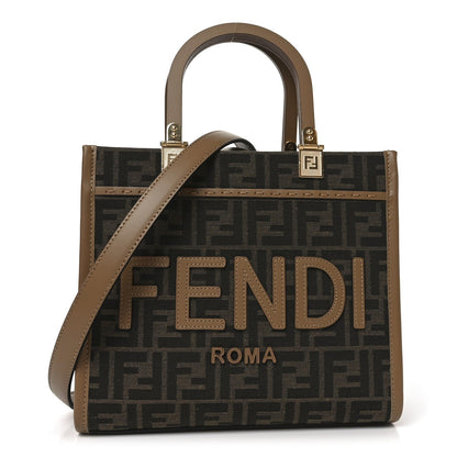 Fabric Jacquard FF 1974 Logo Small Fendi Sunshine Shopper Tote Tobacco Moro Sand