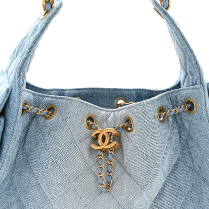 Washed Denim Quilted Small Chanel 25 Handbag Blue