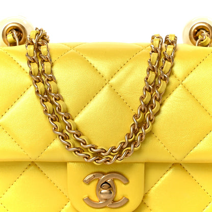 Pearly Lambskin Pearl Quilted Mini Flap Yellow