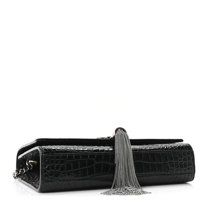 Calfskin Crocodile Embossed Small Classic Monogram Kate Tassel Satchel Black