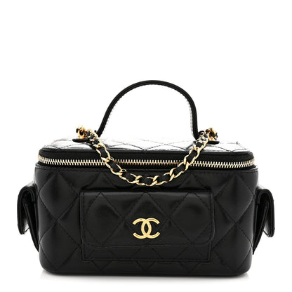 Lambskin Quilted Polly Pocket East West Top Vanity With Chain Black