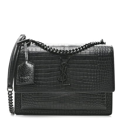 Calfskin Crocodile Embossed Medium Monochrome Monogram Sunset Black