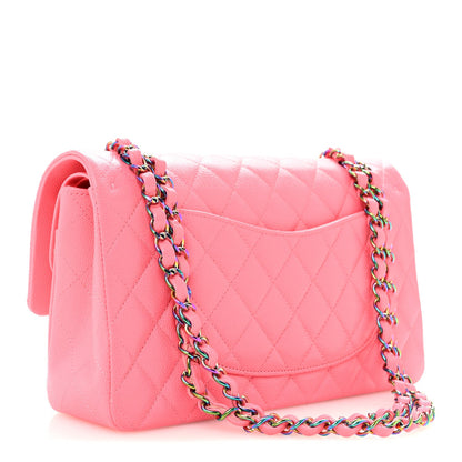Caviar Quilted Rainbow Medium Double Flap Coral Pink