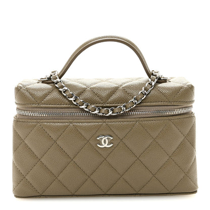 Caviar Quilted Top Handle Slim Vanity With Chain Dark Khaki
