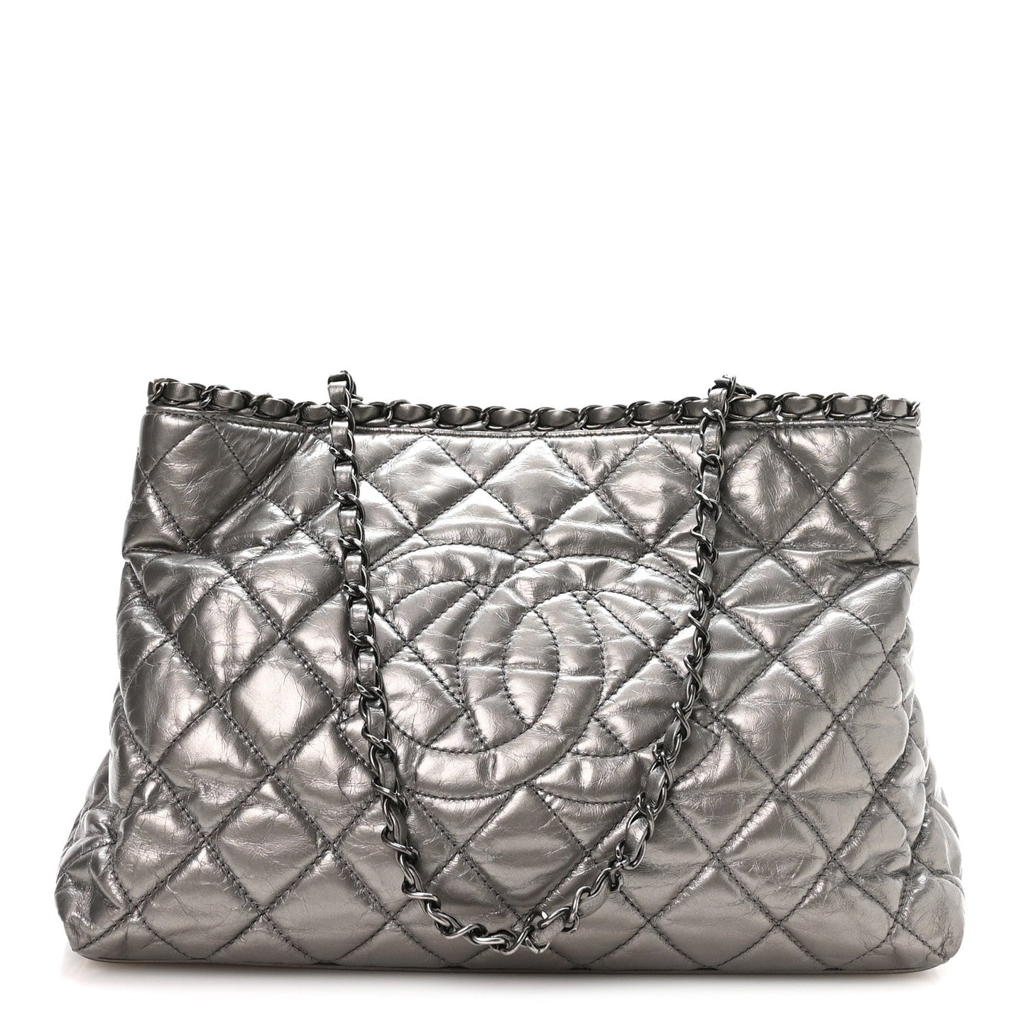 Metallic Calfskin Small Chain Me Tote Silver