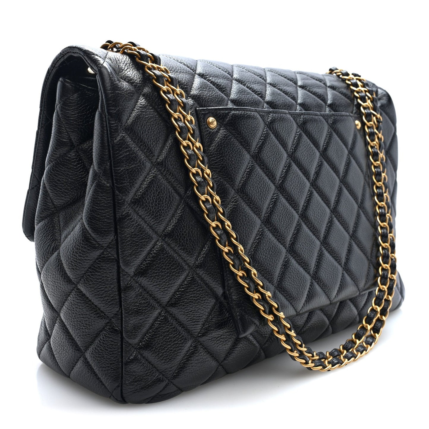 Grained Calfskin Quilted XXL Travel Flap Bag Black