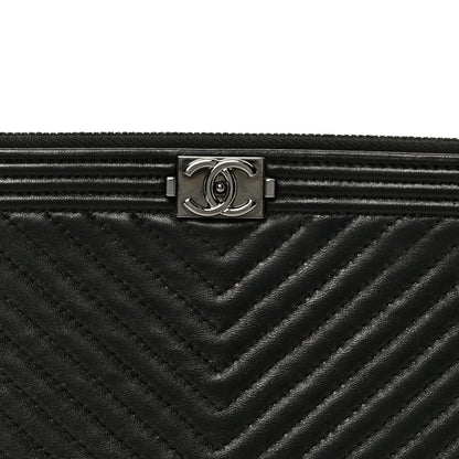 Lambskin Chevron Large Boy Zip Pouch Black