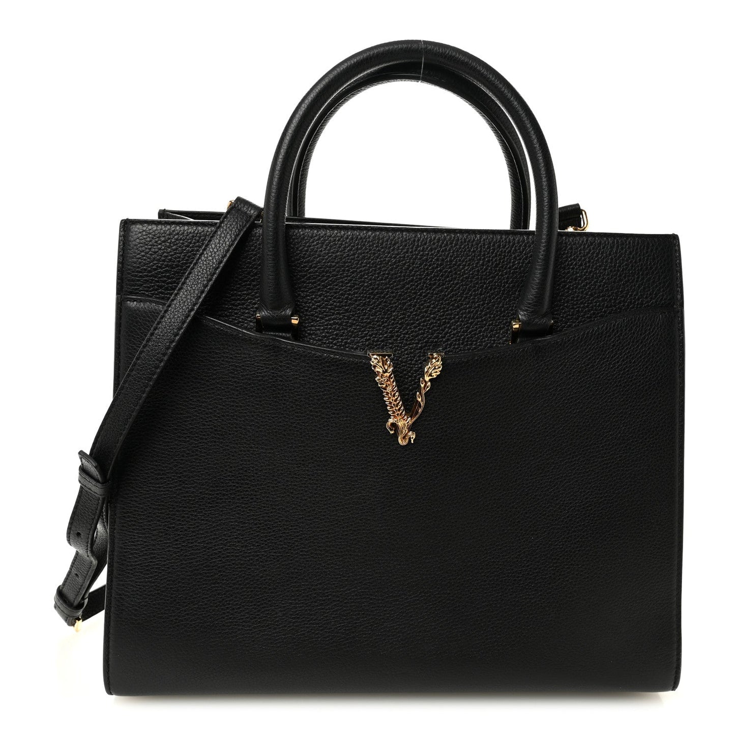 Grainy Calfskin Large Virtus Top Handle Tote Black