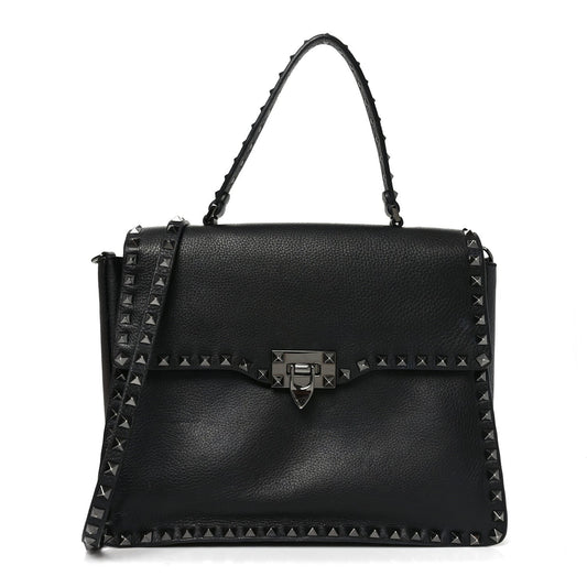 Alce Printed Calfskin Rockstud Top Handle Flap Shoulder Bag Black