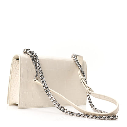 Shiny Calfskin Crocodile Embossed Knuckle Jeweled Crossbody White