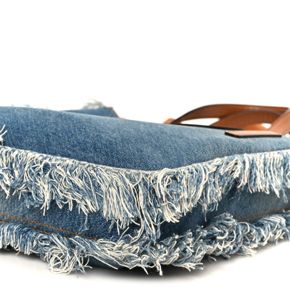 Denim Lavato Vitello King Logo Embroidered Frayed Tote Denim Chiaro Cuoio
