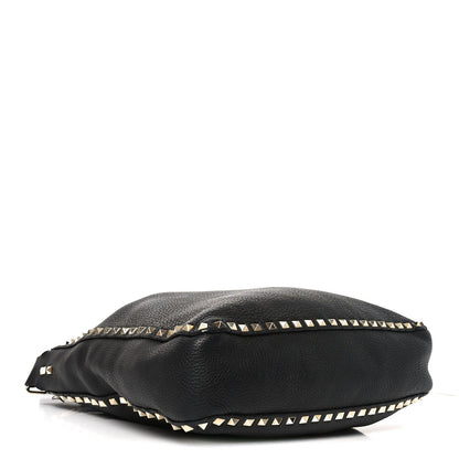 Pebbled Calfskin Large Rockstud Flip-Lock Messenger Bag Black