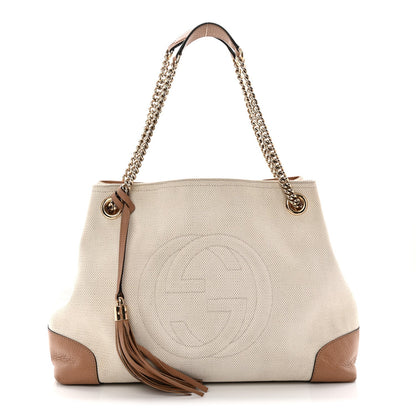Linen Canvas Pebbled Calfskin Medium Soho Chain Shoulder Bag White Camelia
