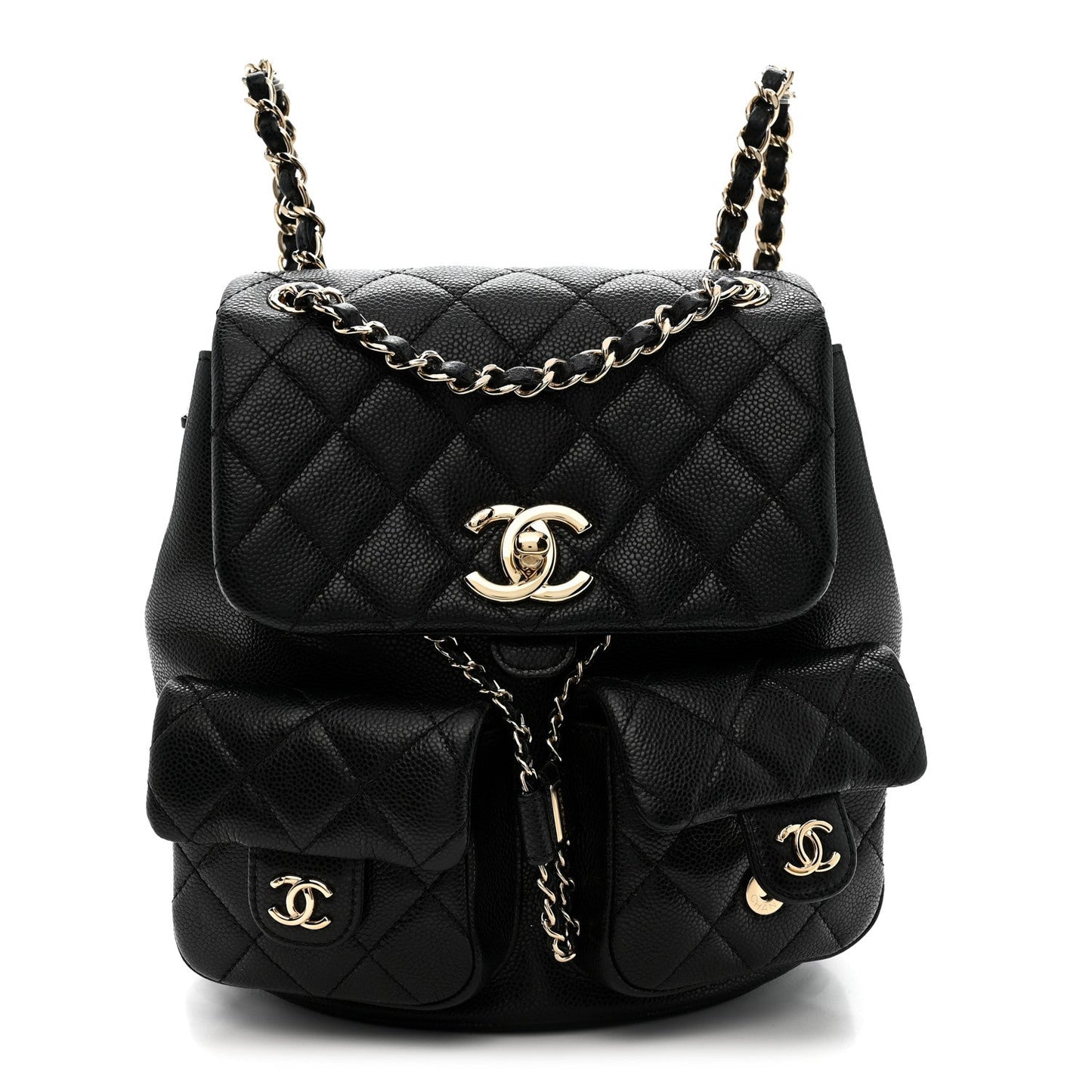 Shiny Caviar Quilted Medium Duma Pockets Drawstring Backpack Black