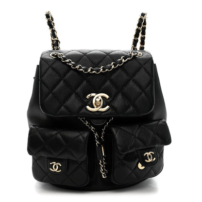 Shiny Caviar Quilted Medium Duma Pockets Drawstring Backpack Black