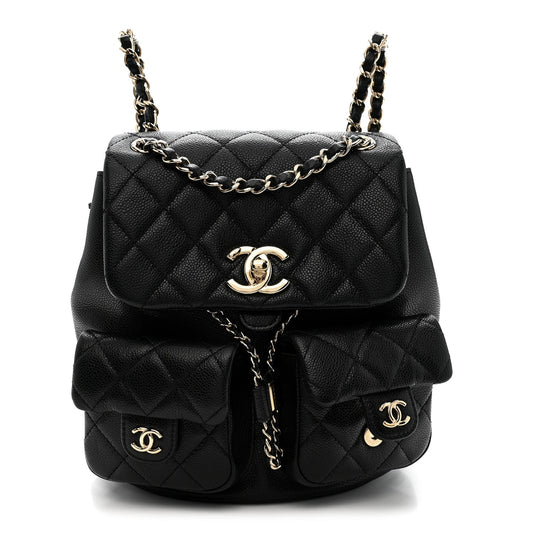 Shiny Caviar Quilted Medium Duma Pockets Drawstring Backpack Black