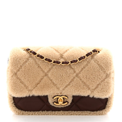 Shearling Lambskin Quilted Furry Coco Flap Beige Dark Brown