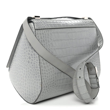Calfskin Crocodile Embossed Medium Pandora Box Crossbody Bag Grey
