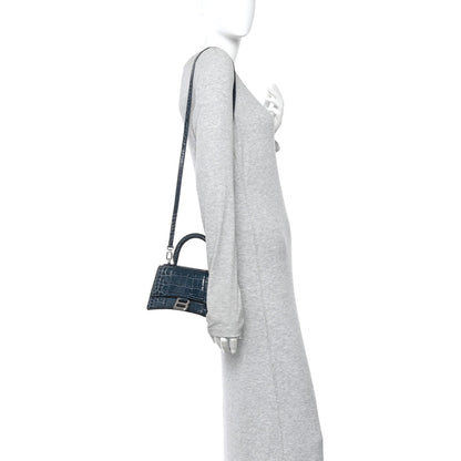 Shiny Calfskin Crocodile Embossed Hourglass Top Handle Bag XS Denim Blue