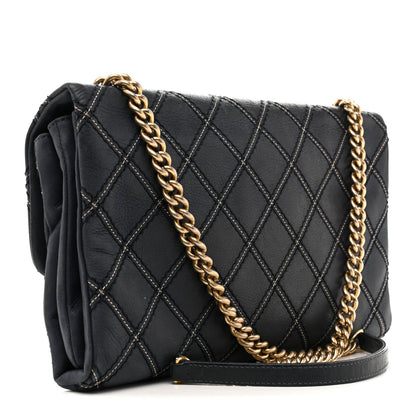Iridescent Calfskin Triple Stitched Medium Flap Navy