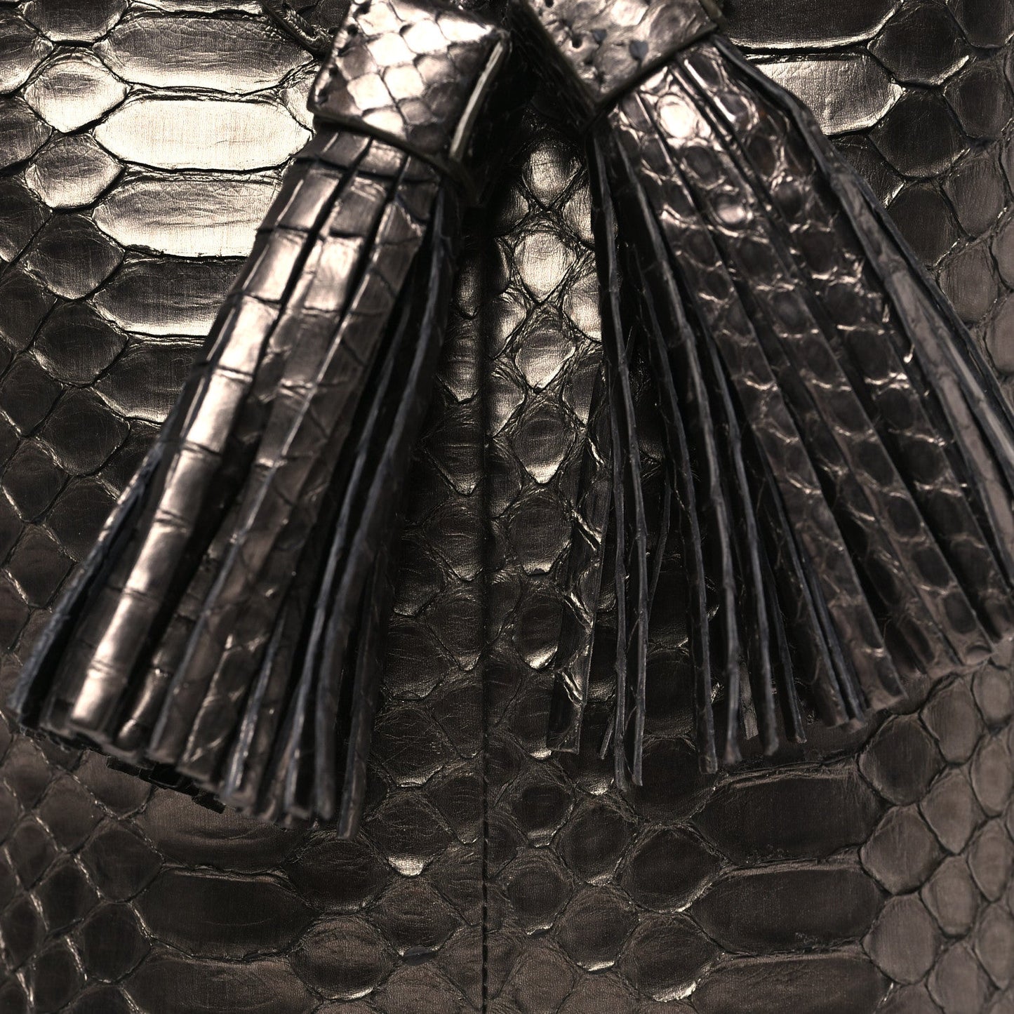 Metallic Snakeskin Small Double Tassel Bucket Bag Silver