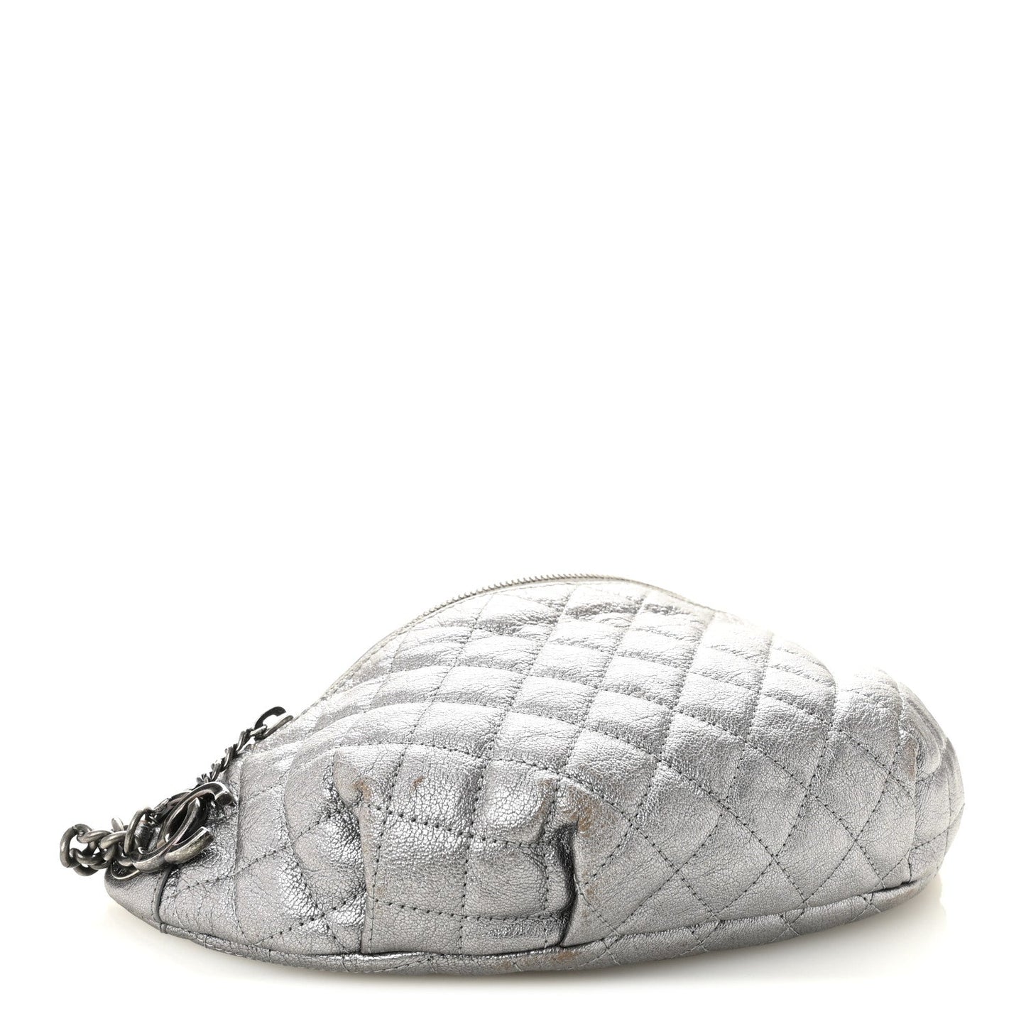 Metallic Calfskin Quilted Banane Waist Bag Fanny Pack Dark Silver