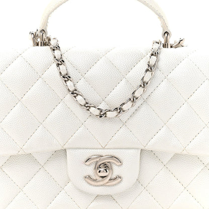 Metallic Caviar Quilted Mini Top Handle Rectangular Flap White