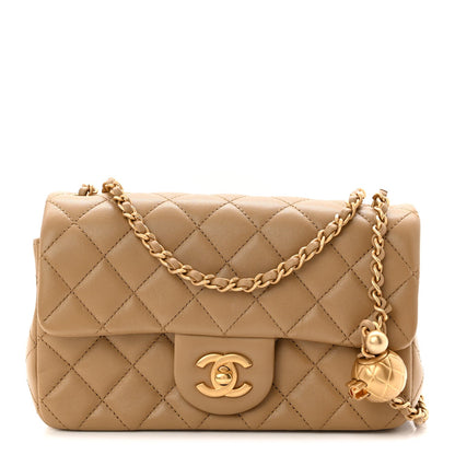 Lambskin Quilted Mini Rectangular Pearl Crush Flap Dark Beige