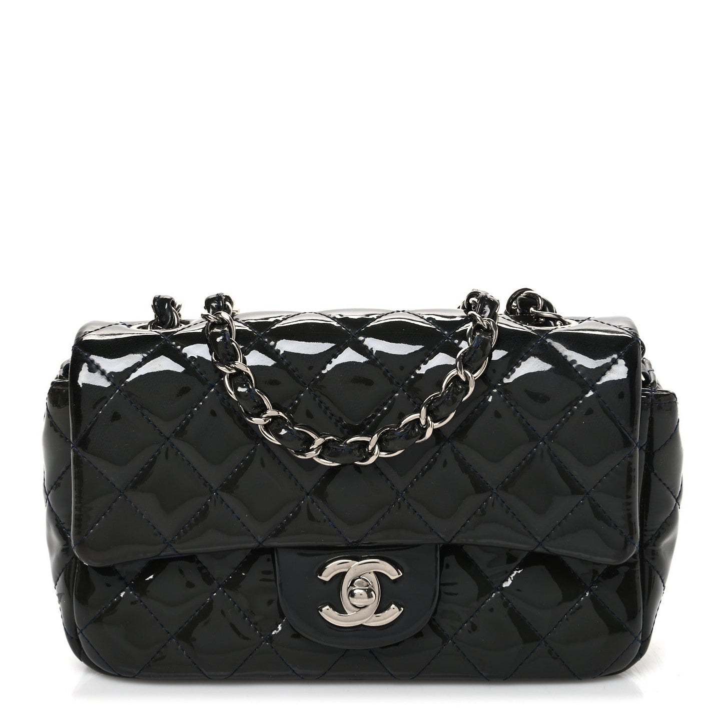 Patent Calfskin Quilted Mini Rectangular Flap Navy Blue