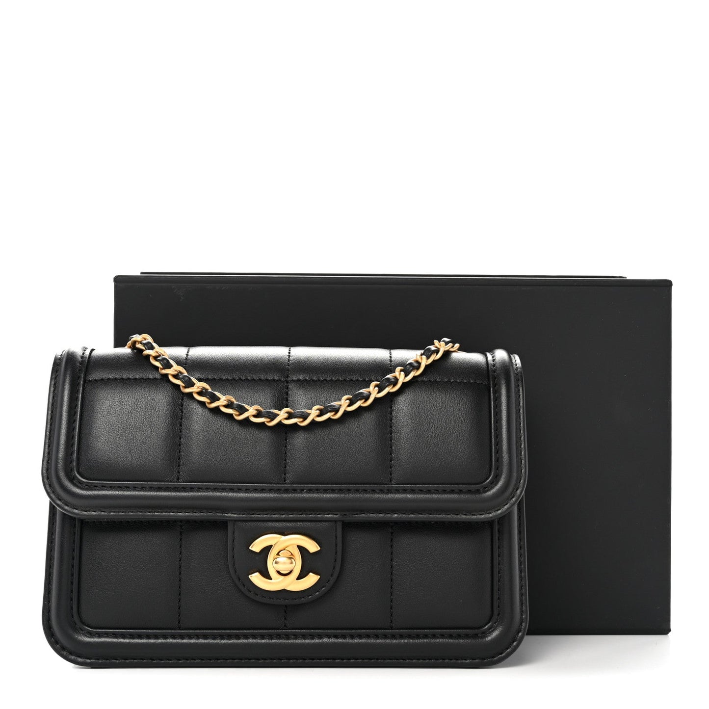 Lambskin Calfskin Mini Chocolate Bar Flap Bag Black