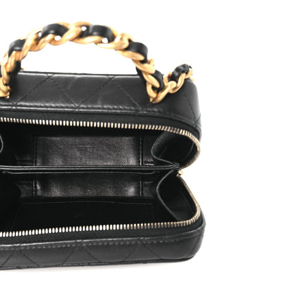 Lambskin Quilted Top Handle Mini Vanity Case Black