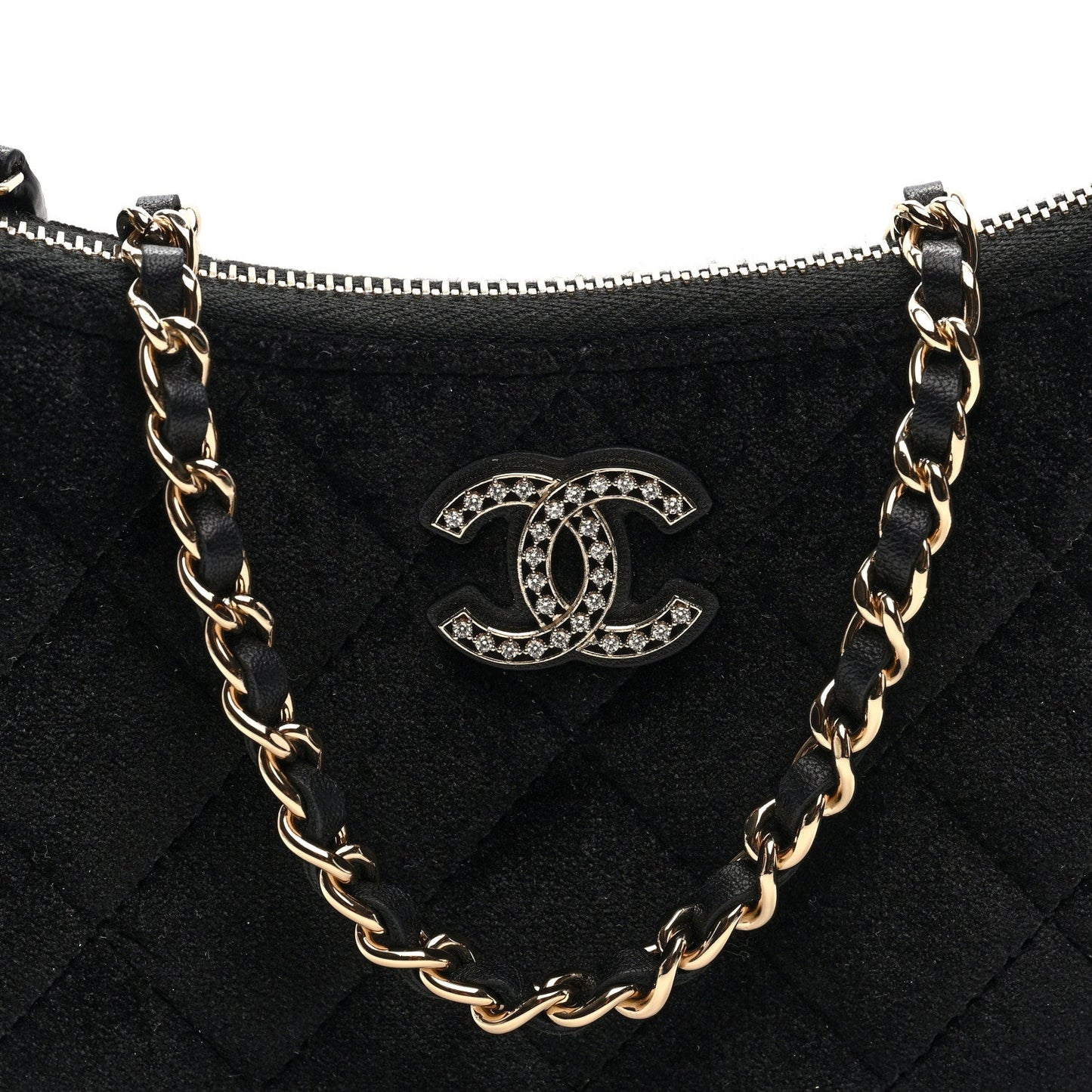 Velvet Crystal Quilted Chain Hobo Black