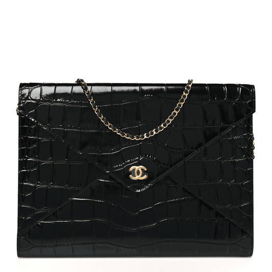 Calfskin Crocodile Embossed Croc Illusion Clutch With Chain  Black