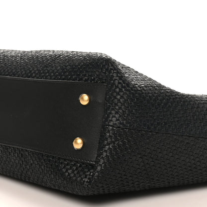 Calfskin Raffia Braided Small Shopping Tote Black White