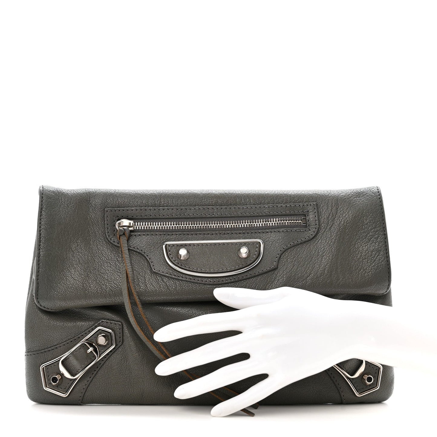 Chevre Silver Metallic Edge Hardware Envelope Clutch Gris Acier