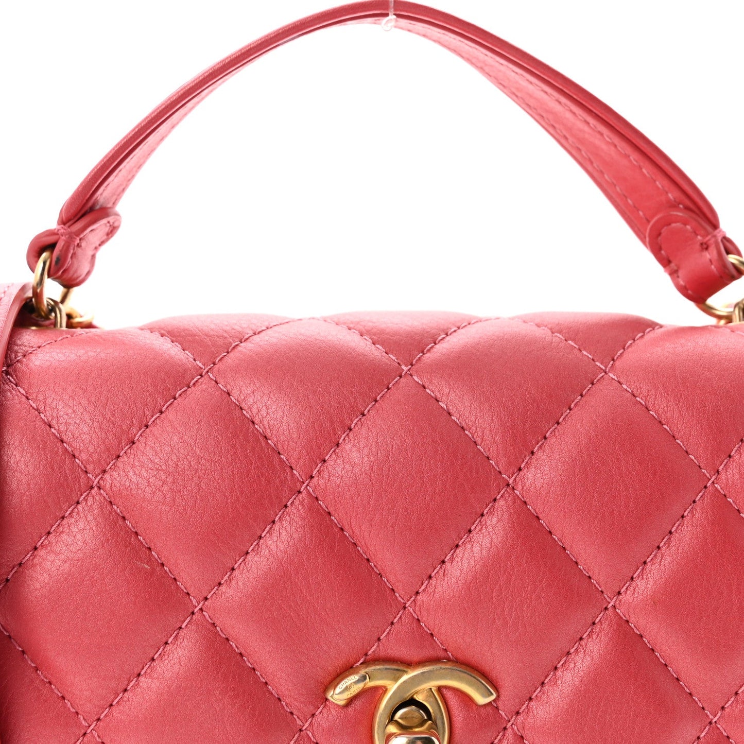 Metallic Calfskin Quilted Top Handle Flap Dark Pink