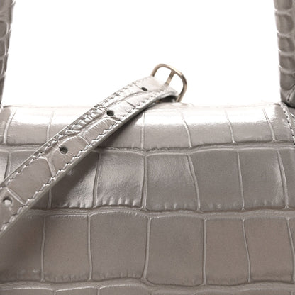 Shiny Calfskin Crocodile Embossed Small Hourglass Top Handle Bag Balenciaga Grey