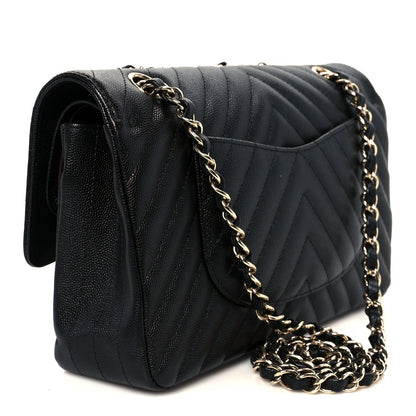 Caviar Chevron Quilted Medium Double Flap Black