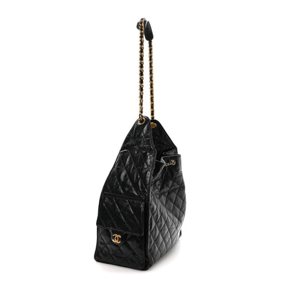 Shiny Crumpled Calfskin Quilted Medium Chanel 25 Handbag Black