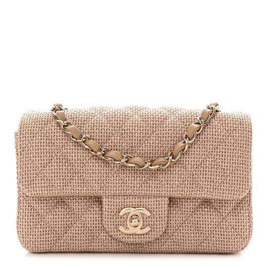 Braided Raffia Quilted Mini Rectangular Flap Dark Beige