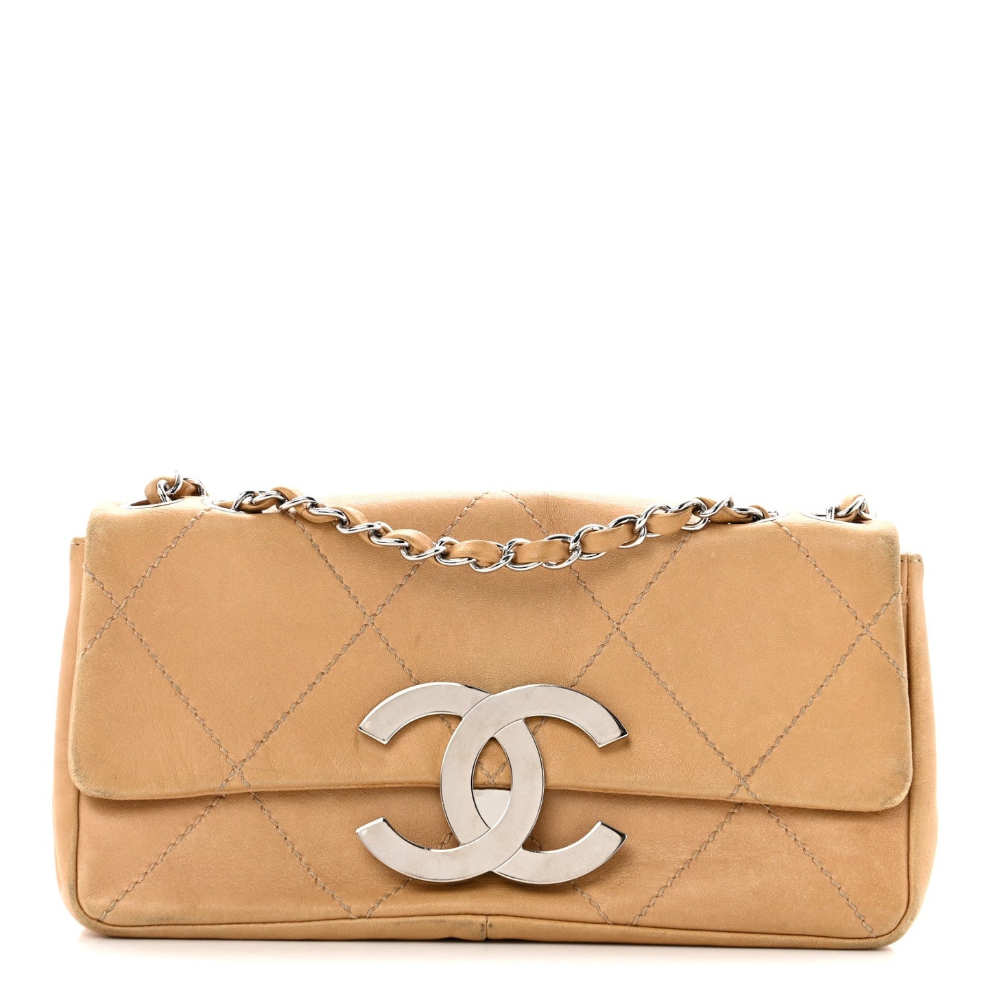 Lambskin Diamond Stitched CC CC East West Flap Beige
