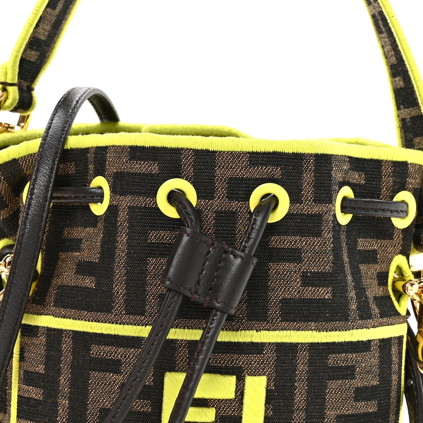 Fabric Jacquard Shiny Nappa FF 1974 Logo Threaded Edge Mini Mon Tresor Bucket Bag Tobacco Moro Giallo Fluo
