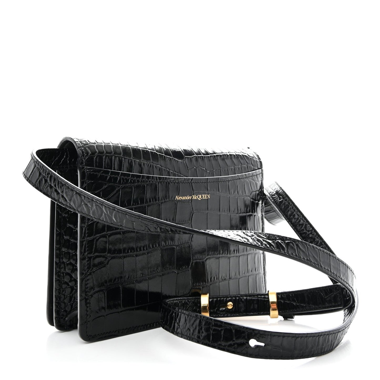 Calfskin Crocodile Embossed Four Ring Knuckle Crossbody Bag Black