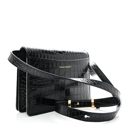 Calfskin Crocodile Embossed Four Ring Knuckle Crossbody Bag Black