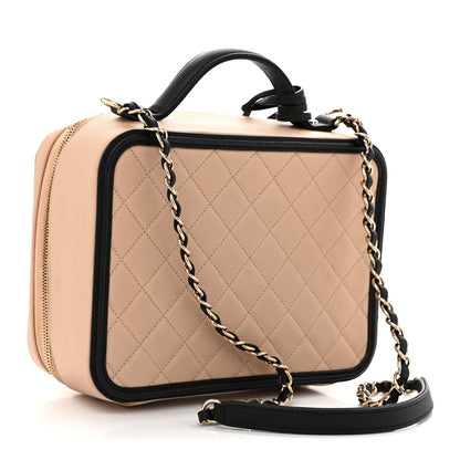 Caviar Quilted Large CC Filigree Vanity Case Beige Black