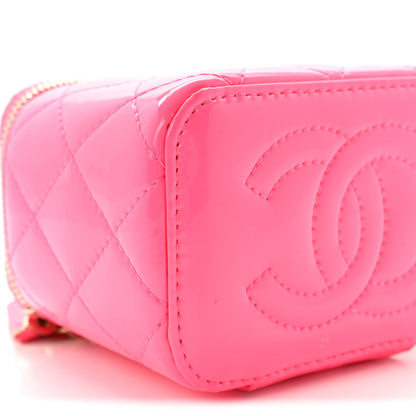 Patent Quilted Pearl Crush Mini Vanity Case With Chain Neon Pink