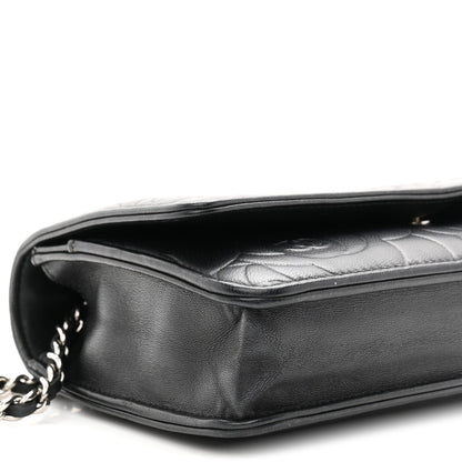 Lambskin Camellia Embossed Wallet On Chain WOC Black