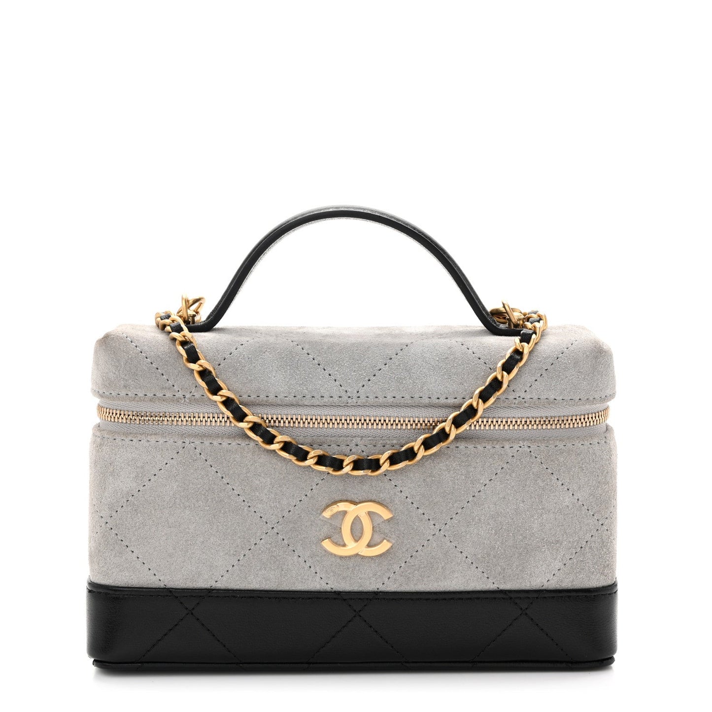 Suede Calfskin Shiny Lambskin Quilted Top Handle Slim Vanity Case With Chain Grey Black